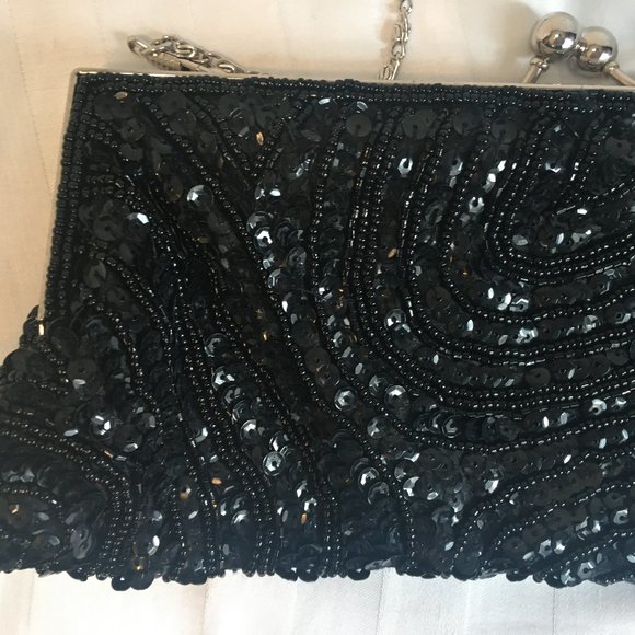 RACHEL Hand Beaded Clutch Purse Evening Bag Sequins Beads Cocktail Grad Black - Picture 8 of 11